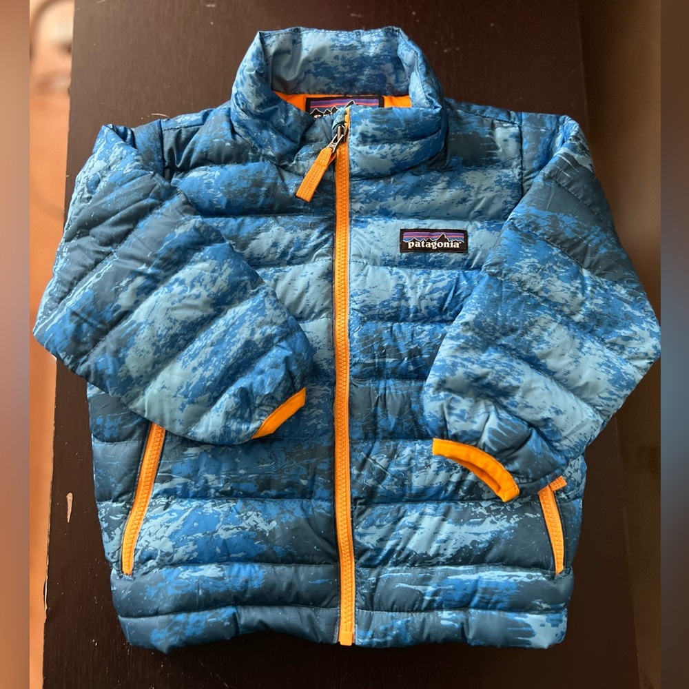 Patagonia Kids Patterned Blue Puffer with Orange Trim
